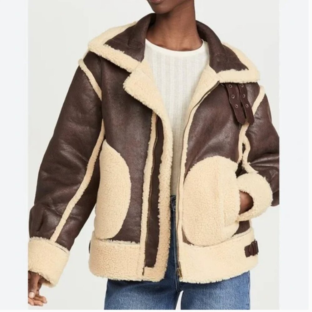Moon River Brown and Cream Shearling Jacket